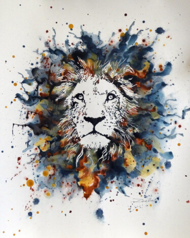 Peinture intitulée "Lion Bleu" par Elsa Ducourret (Zaelle), Œuvre d'art originale, Aquarelle