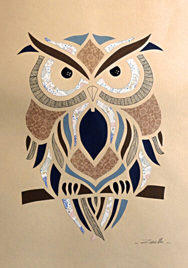 Collages intitulée "Hibou beige et bleu" par Elsa Ducourret (Zaelle), Œuvre d'art originale, Collages