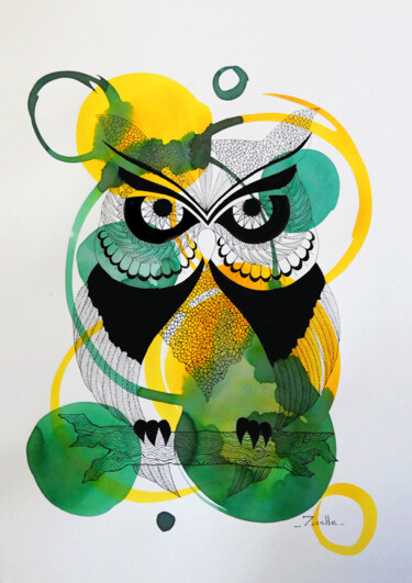 Painting titled "Hibou jaune et vert" by Elsa Ducourret (Zaelle), Original Artwork, Ink