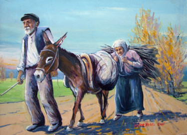 Painting titled "Return from field" by Zafer Yargici, Original Artwork, Oil