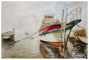 Painting titled "The boat on the fis…" by Zahir Husain, Original Artwork, Watercolor