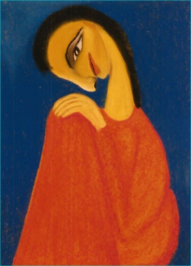 Disegno intitolato "Femme sur fond bleu" da Zahra Sarah Toughrai, Opera d'arte originale, Pastello