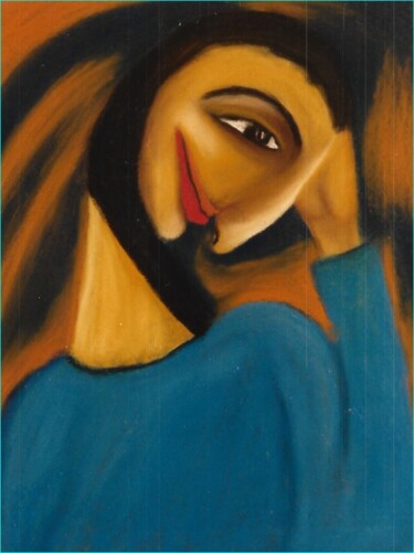 Desenho intitulada "Femme en tunique bl…" por Zahra Sarah Toughrai, Obras de arte originais, Pastel