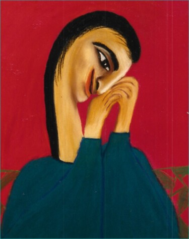 Disegno intitolato "Femme sur fond rouge" da Zahra Sarah Toughrai, Opera d'arte originale, Pastello
