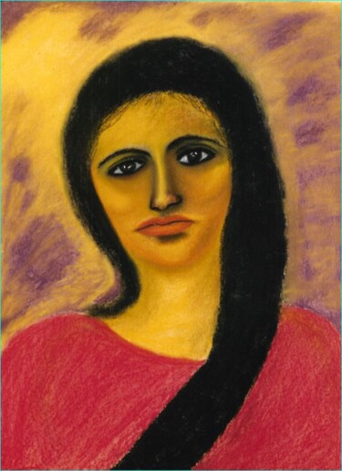 Desenho intitulada "Femme en tunique ro…" por Zahra Sarah Toughrai, Obras de arte originais, Pastel