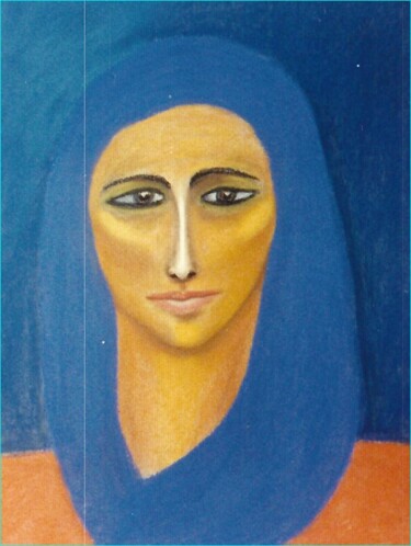 Zeichnungen mit dem Titel "Femme au foulard bl…" von Zahra Sarah Toughrai, Original-Kunstwerk, Pastell