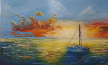 Painting titled "La mer calme" by Abdelhalim Zidouk, Original Artwork, Oil Mounted on Wood Stretcher frame