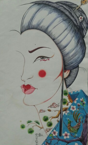 Malerei mit dem Titel "geisha 芸者" von Zakarie Benhammada, Original-Kunstwerk, Gouache