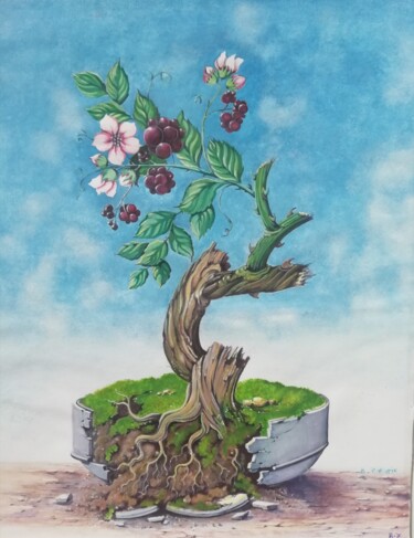 Peinture intitulée "Bonsaï" par Zakarie Benhammada, Œuvre d'art originale, Gouache