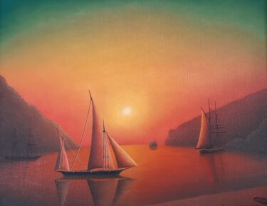 Peinture intitulée "Sunset on the sea" par Zakhar Dadaian, Œuvre d'art originale, Huile