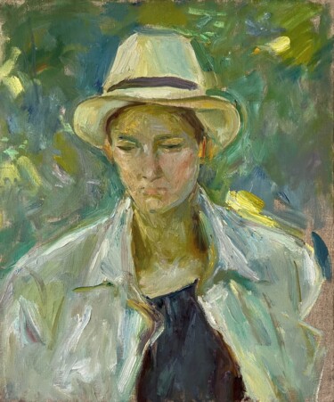 Painting titled "Fedora Hat" by Zakhar Shevchuk, Original Artwork, Oil Mounted on Wood Stretcher frame