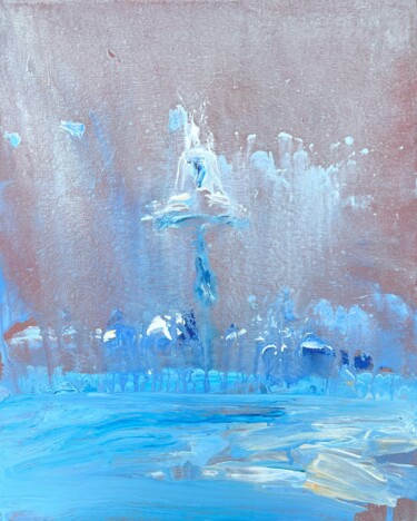 Painting titled "Park Fountain" by Zakhar Shevchuk, Original Artwork, Oil Mounted on Wood Stretcher frame