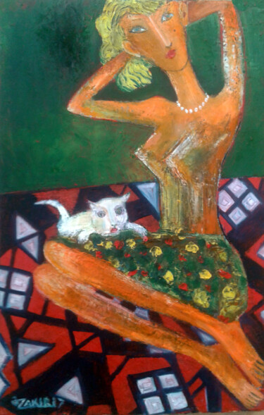 Картина под названием ".Girl and cat" - Zakir, Подлинное произведение искусства, Масло