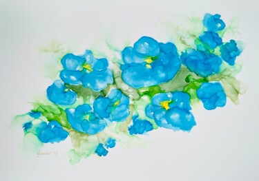Dessin intitulée "Blue daisies" par Žanete Smodiča, Œuvre d'art originale, Encre
