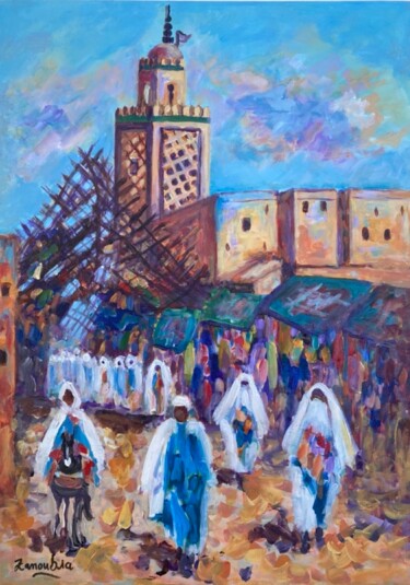 Painting titled "Souk de Marrakech" by Zanoubia, Original Artwork, Acrylic Mounted on Wood Stretcher frame