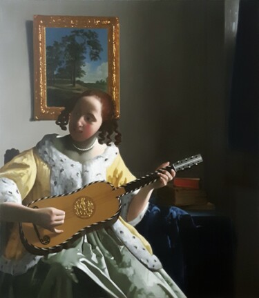 Painting titled "De gitaarspeelster" by Zapta, Original Artwork, Oil Mounted on Wood Stretcher frame