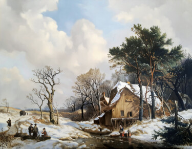 Painting titled "Winter landschap" by Zapta, Original Artwork, Oil Mounted on Wood Stretcher frame