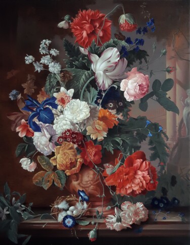 Painting titled "Flowers in a terrac…" by Zapta, Original Artwork, Oil Mounted on Wood Stretcher frame