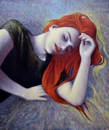 Painting titled "A sleep girl" by Zapta, Original Artwork, Oil Mounted on Wood Stretcher frame