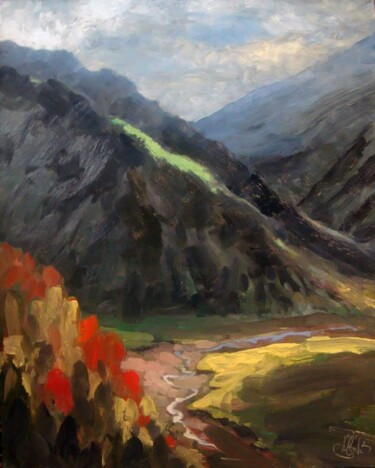 Painting titled "Mountain lanscape" by Zapta, Original Artwork, Oil Mounted on Wood Stretcher frame