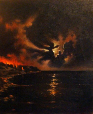 Painting titled "Fire at sea" by Zapta, Original Artwork, Oil Mounted on Wood Stretcher frame