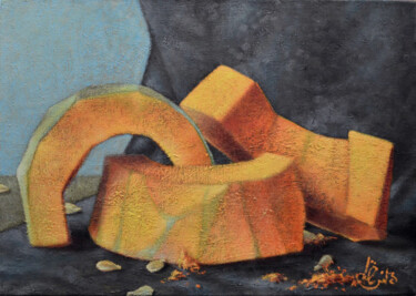 Painting titled "Still life with pum…" by Zapta, Original Artwork, Oil Mounted on Wood Stretcher frame