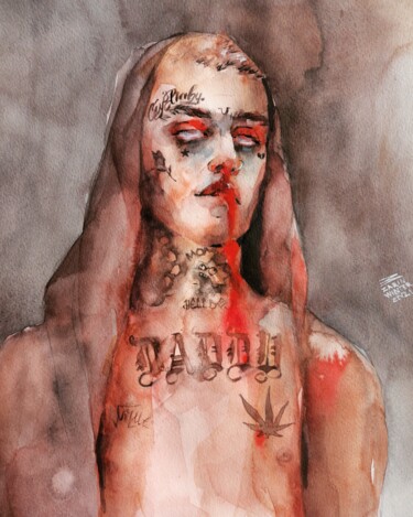 Schilderij getiteld "Lil Peep original w…" door Zarina Dyganova (Zarin Winter), Origineel Kunstwerk, Aquarel