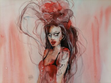 Schilderij getiteld "Amy Winehouse water…" door Zarina Dyganova (Zarin Winter), Origineel Kunstwerk, Aquarel