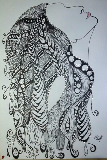 Рисунок под названием "Zentangle Art Hair" - Zeeni, Подлинное произведение искусства, Чернила