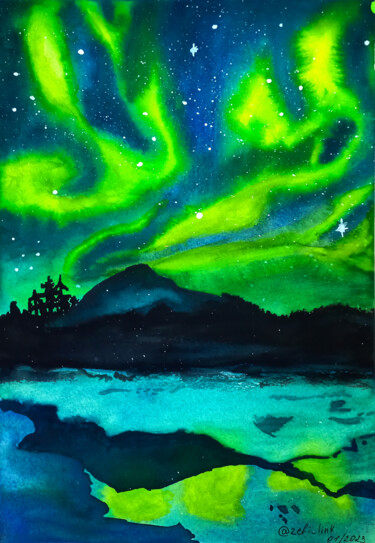 Painting titled "Northern Light land…" by Zefi Link, Original Artwork, Watercolor