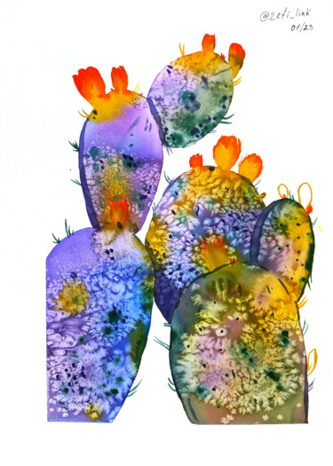 Картина под названием "Cosmic cactuses wat…" - Zefi Link, Подлинное произведение искусства, Акварель