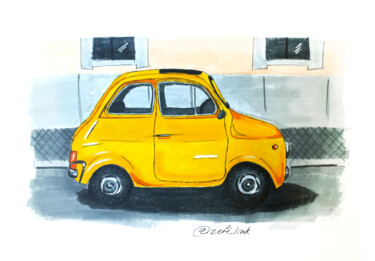 Disegno intitolato "El coche amarillo m…" da Zefi Link, Opera d'arte originale, Pennarello