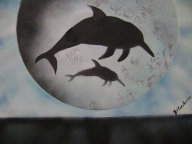 Pintura intitulada "Golfinhos ao luar" por José Luís Francisco Zé, Obras de arte originais, Óleo