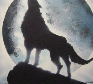 Pintura intitulada "O lobo e a lua" por José Luís Francisco Zé, Obras de arte originais, Óleo