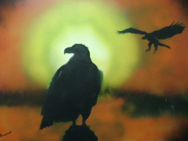 Pintura intitulada "Águias ao por do sol" por José Luís Francisco Zé, Obras de arte originais, Óleo