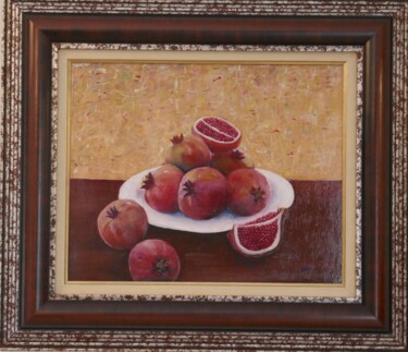 Painting titled "As romãs" by Zélia Matias, Original Artwork, Oil Mounted on Wood Stretcher frame