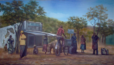 Painting titled "BUS STOP" by Zendaart, Original Artwork, Oil