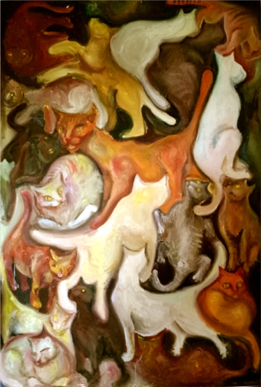 Картина под названием "Backyard Cats" - Zenya Gorlik, Подлинное произведение искусства, Масло