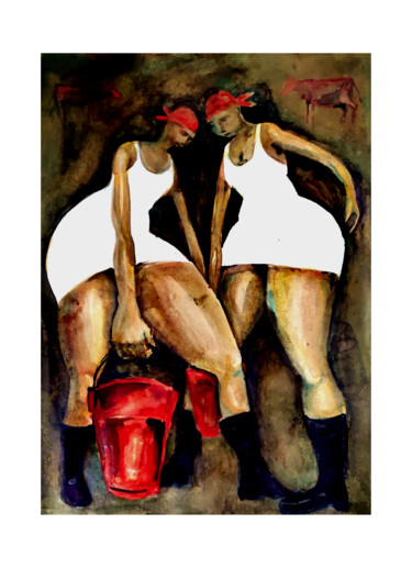 Peinture intitulée ""Milkmaids. Wedding…" par Zenya Gorlik, Œuvre d'art originale, Aquarelle