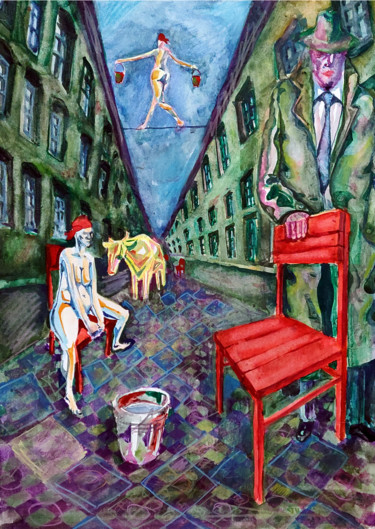 Painting titled "Red Chairs" by Zenya Gorlik, Original Artwork, Watercolor