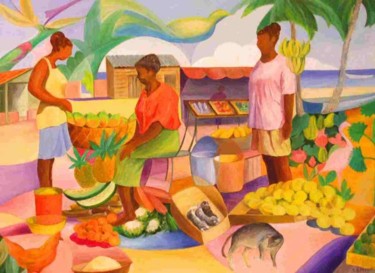 Peinture intitulée "Marché aux Antilles" par Monique Amiot, Œuvre d'art originale, Huile