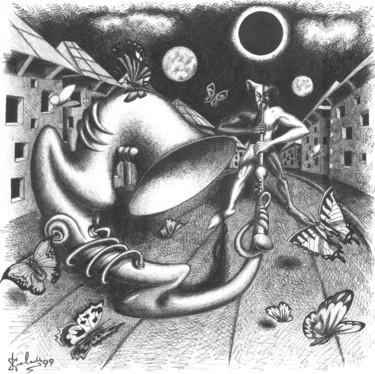 Рисунок под названием "Moon number 7" - Juri Kraval, Подлинное произведение искусства, Шариковая ручка