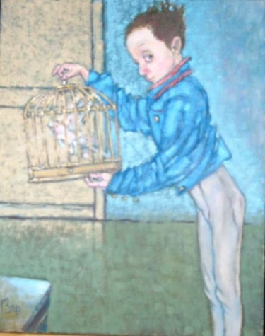 Painting titled "Boy and cell / Маль…" by Georgii Zernitskii George Zernitsky, Original Artwork