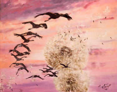 Peinture intitulée "Voyage sur les aile…" par Zet Michell, Œuvre d'art originale, Huile