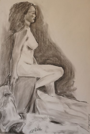 Dessin intitulée "nudo seduto su drap…" par Zeven, Œuvre d'art originale, Fusain
