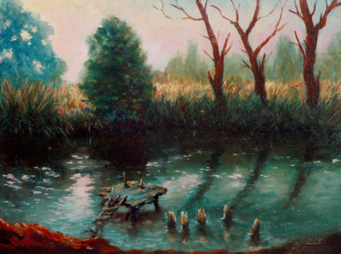 Картина под названием "закат в ландшафтном…" - Eduardo, Подлинное произведение искусства, Масло