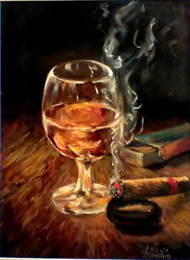 Painting titled "натюрморт с сигарой" by Eduardo, Original Artwork, Oil Mounted on Cardboard