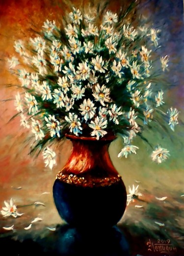 Картина под названием "ваза с ромашками" - Eduardo, Подлинное произведение искусства, Масло Установлен на Деревянная рама дл…