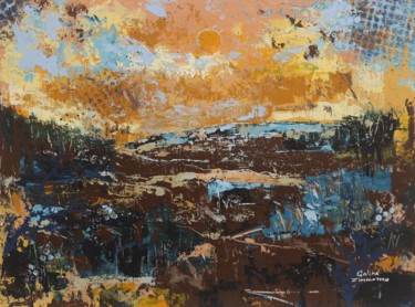 Schilderij getiteld "Sunrise on the Moor" door Galina Zimmatore, Origineel Kunstwerk, Acryl Gemonteerd op Houten paneel