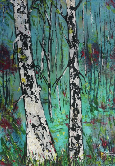 Painting titled "Silver Birch" by Galina Zimmatore, Original Artwork, Acrylic